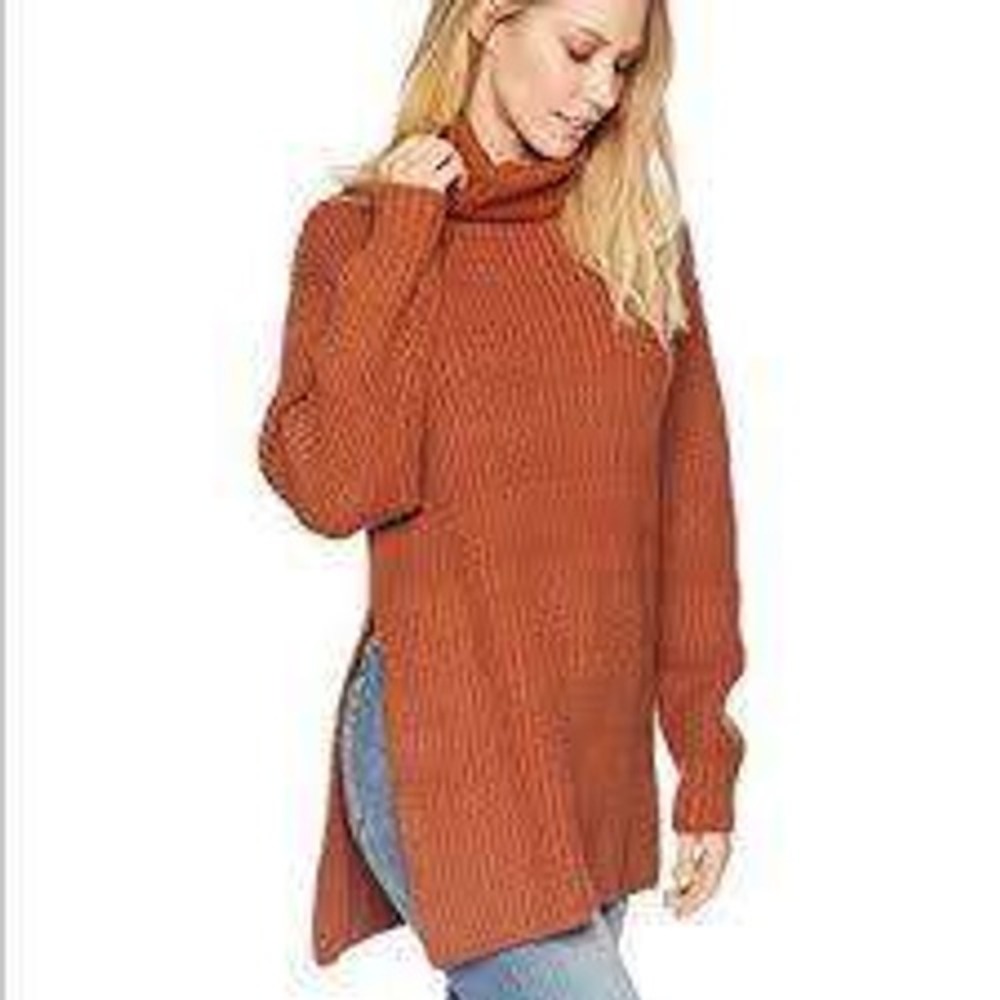 Free People Tunic Chunky Sweater Women L Brown Boho Cozy Turtleneck Knit Baggy